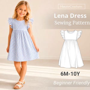 Puede incluir: Una niña pequeña con un vestido de cuadros vichy azul claro y blanco con mangas con volantes. El vestido llega a la rodilla y tiene un corpiño ajustado. La imagen también muestra un patrón de costura para el "Lena Dress" y es "Beginner Friendly".