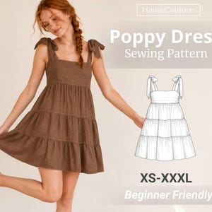 Op de afbeelding: Een bruine gelaagde minijurk met strikbandjes op de schouders en een vierkante halslijn. De afbeelding bevat een technische lijntekening van de jurk, de tekst "HauteCouture..", "Poppy Dress Sewing Pattern", "XS-XXXL" en "Beginner Friendly".