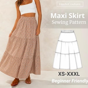 May include: A brown and white gingham maxi skirt with a tiered design and an elastic waistband. The image includes a technical line drawing of the skirt pattern, the text HauteCouture, Maxi Skirt Sewing Pattern, and the size range XS-XXXL.