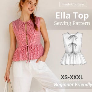 Puede incluir: Un top sin mangas de cuadros vichy rojos y blancos con cuello redondo y tres lazos frontales. El diseño incluye un bajo con volante. La imagen muestra el texto HauteCouture, Ella Top Sewing Pattern, XS-XXXL y Beginner Friendly.