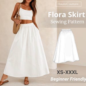 Puede incluir: Una falda larga blanca con cintura elástica y bolsillos laterales, mostrada en un modelo y como dibujo técnico. El texto dice HauteCouture. Flora Skirt Sewing Pattern XS-XXXL Beginner Friendly. La falda tiene una silueta amplia y fluida.
