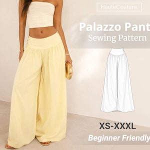 May include: A person wearing a cream-coloured tube top and pale yellow palazzo trousers. The image includes a sewing pattern illustration of the trousers and text that reads "Palazzo Pants Sewing Pattern" and "XS-XXXL Beginner Friendly."