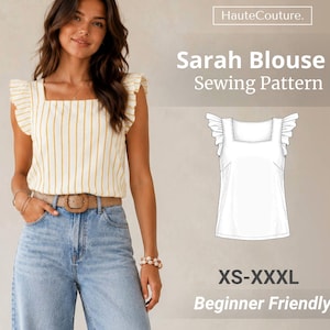 Puede incluir: Una mujer con una blusa a rayas color crema con cuello cuadrado y mangas con volantes. La blusa se combina con vaqueros de lavado claro y un cinturón tejido. La imagen también presenta un patrón de costura para la "Sarah Blouse" y el texto "Beginner Friendly."