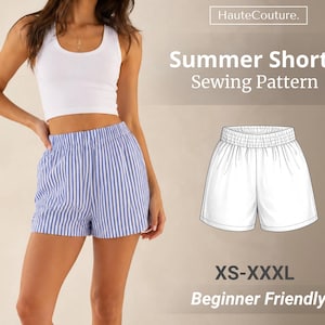 Può includere: Un cartamodello per pantaloncini estivi con il testo HauteCouture. Summer Shorts Sewing Pattern XS-XXXL Beginner Friendly. L'immagine mostra una canotta bianca e pantaloncini a righe blu e bianche, accanto a un disegno tecnico dei pantaloncini.