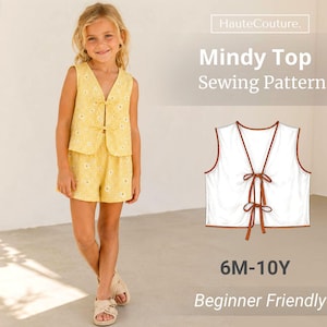 May include: A yellow gingham top and shorts set with a white daisy print, featuring a V-neckline and two front ties. The image includes text reading HauteCouture. Mindy Top Sewing Pattern 6M-10Y Beginner Friendly and a white technical sketch.