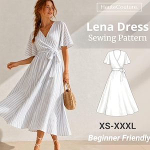 May include: A white wrap dress with thin blue vertical stripes, featuring flutter sleeves, a tie waist, and a midi-length skirt. The image includes text reading HauteCouture. Lena Dress Sewing Pattern XS-XXXL Beginner Friendly and a line drawing.