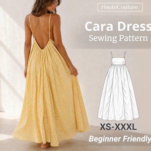 Könnte beinhalten: Ein gelb-weißes, kariertes Maxikleid mit dünnen Trägern und offenem Rückendesign. Das Bild enthält den Text HauteCouture. Cara Dress Sewing Pattern XS-XXXL Beginner Friendly und eine weiße Strichzeichnung der Kleidersilhouette.