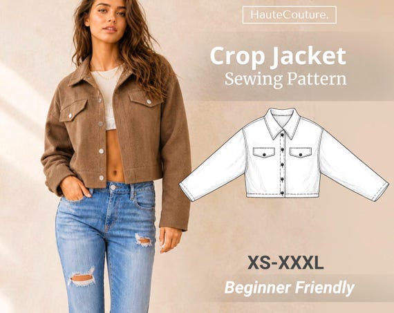Button Up Jacket Sewing Pattern for Women (XS-XXXL), Crop Jacket, Shirt Jacket, Women Jacket Pattern, Beginner Women Sewing Pattern