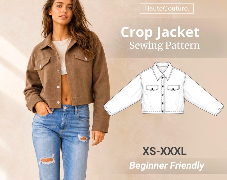 Puede incluir: Un patr&oacute;n de costura para chaqueta corta marr&oacute;n con cuello, cierre de botones y dos bolsillos en el pecho. La imagen incluye un dibujo t&eacute;cnico de la chaqueta, el texto "HauteCouture. Crop Jacket Sewing Pattern" y "XS-XXXL Beginner Friendly".