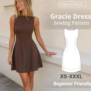 May include: A brown sleeveless dress with a fitted bodice and flared skirt. The image includes the text HauteCouture, Gracie Dress Sewing Pattern, XS-XXXL, and Beginner Friendly, alongside a white line drawing of the dress silhouette.
