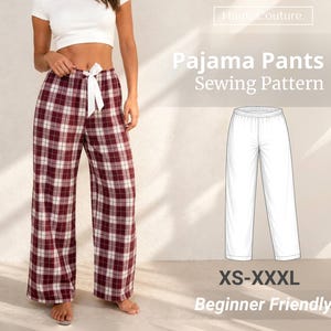 May include: Burgundy, white, and cream plaid pajama pants with a wide leg and white drawstring. The image also shows a line drawing of the pajama pants and text that reads "Pajama Pants Sewing Pattern" and "XS-XXXL Beginner Friendly."