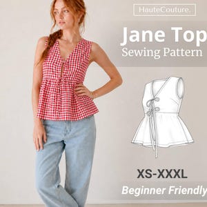 May include: A red and white gingham sleeveless top with a V-neckline and front tie closures. The image includes the text HauteCouture. Jane Top Sewing Pattern XS-XXXL Beginner Friendly and a black and white line drawing of the garment.