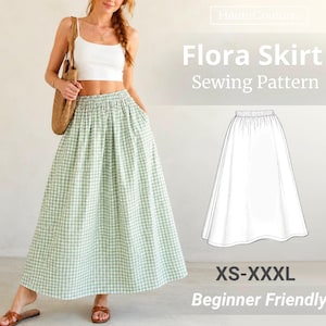 Könnte beinhalten: Ein langer, hellgrün-weiß karierter Rock mit elastischem Bund. Das Bild enthält den Text HauteCouture, Flora Skirt Sewing Pattern, XS-XXXL und Beginner Friendly sowie eine schwarz-weiße Strichzeichnung des Rocks.