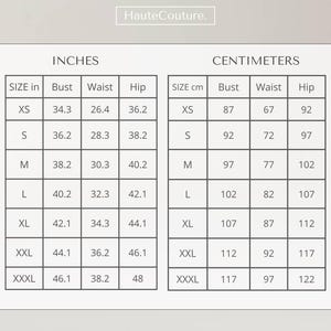 Puede incluir: Una tabla de tallas titulada HauteCouture. con dos secciones que muestran medidas para tallas de la XS a la XXXL. La tabla izquierda lista busto, cintura y cadera en pulgadas, mientras la derecha lista las mismas medidas en cent&iacute;metros.