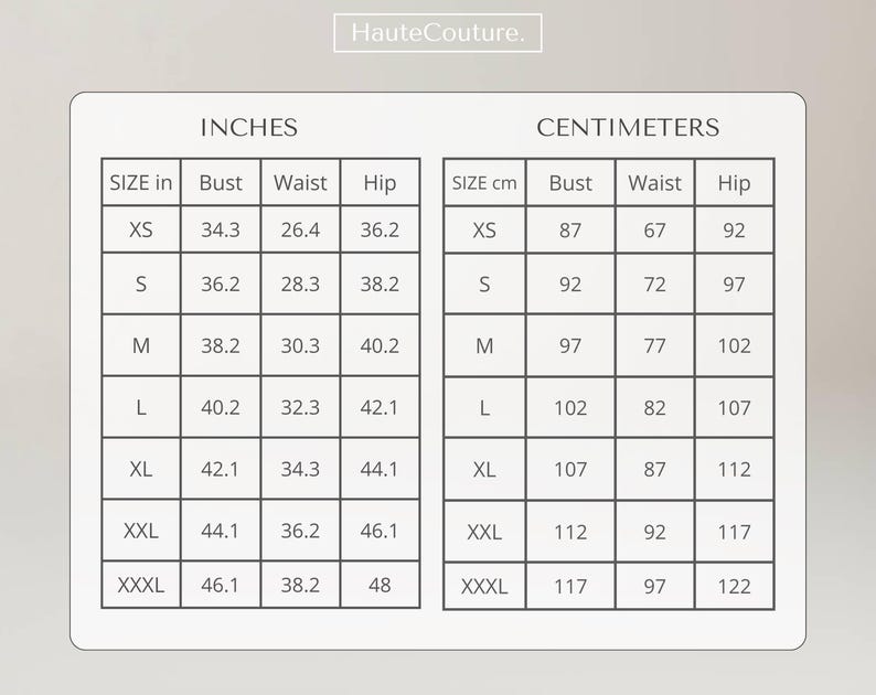 Puede incluir: Una tabla de tallas titulada HauteCouture. con dos secciones que muestran medidas para tallas de la XS a la XXXL. La tabla izquierda lista busto, cintura y cadera en pulgadas, mientras la derecha lista las mismas medidas en cent&iacute;metros.