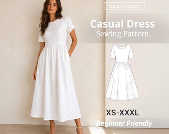 Dress Sewing Pattern (XS-XXXL), Dress with Pockets, Summer Dress, Dress with Sleeves (Beginner Friendly)