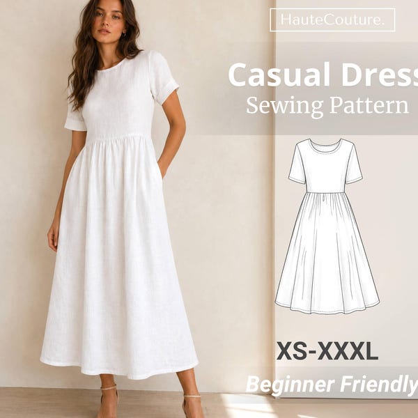Naaipatroon jurk (XS-XXXL), jurk met zakken, zomerjurk, jurk met mouwen (vriendelijk voor beginners)