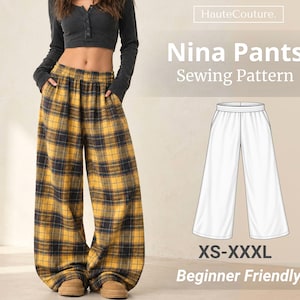 May include: Wide-leg pants featuring a yellow and black plaid pattern with an elastic waistband and side pockets. The image includes a technical line drawing of the pants, the text "HauteCouture. Nina Pants Sewing Pattern", and "XS-XXXL".