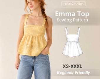 Patrón de costura para top con lazo en la espalda para mujer (XS-XXXL), patrón de top peplum, top de verano, top con lazo en la espalda para mujer