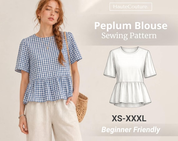 Peplum Blouse Sewing Pattern for Women (XS-XXXL), Easy Blouse Pattern, Women Sewing Pattern, Beginner T-Shirt Pattern, Women Top Pattern