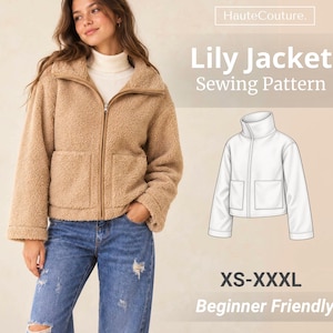 May include: A tan, long-sleeved, zip-up jacket with a high collar and two front pockets. The image includes text reading HauteCouture. Lily Jacket Sewing Pattern XS-XXXL Beginner Friendly, alongside a white line drawing of the jacket design.