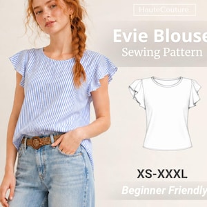 May include: A blue and white striped blouse with flutter sleeves, worn with blue jeans and a brown belt. The image features the text HauteCouture, Evie Blouse Sewing Pattern, XS-XXXL, and Beginner Friendly, plus a technical line drawing of the garment.