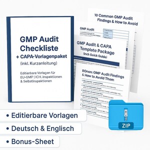 Checklista för GmP-revision + CAPA-mallpaket | Standardoperationer | Verktygslåda för kvalitetssystem (DE/EN) – Digital nedladdning