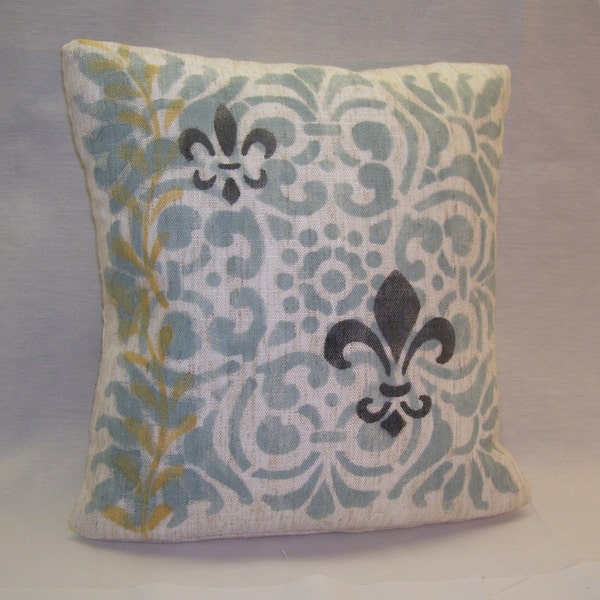 15" square  aqua blue, gold, black stenciled pillow cover