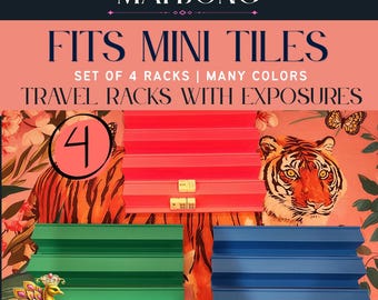 May include: A set of four Mahjong travel racks designed for mini tiles, featuring tiered horizontal ledges. The racks are presented in solid pink, green, and blue colors. Text on the image reads: MAHJONG, FITS MINI TILES, SET OF 4 RACKS | MANY COLORS, TRAVEL RACKS WITH EXPOSURES, 4, and Noble Peacock.