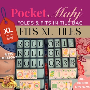 May include: A foldable black plastic Mahjong tile rack with grid slots containing various tiles with numbers, symbols, and dragon illustrations. Text on the image includes Pocket Mahj, FITS XL TILES, NEW DESIGN, and Noble Peacock with a peacock graphic.