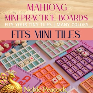 May include: Multiple square Mahjong mini practice boards in light blue, purple, and orange, each featuring a grid with letters and numbers. The boards are designed to hold tiny Mahjong tiles. Text on the image reads: MAHJONG MINI PRACTICE BOARDS.