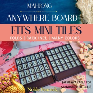 May include: A foldable dark purple Mahjong board with numbered and lettered grid slots, designed for mini tiles. The board features text including MAHJONG ANYWHERE BOARD, FITS MINI TILES, FOLDS, RACK INCL, MANY COLORS, and Noble Peacock.