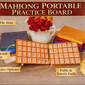May include: A portable Mahjong practice board with deep tile slots and a double board design. The board features many color options and folds easily for travel. The image includes the text "Never Dump Your Tiles Again."