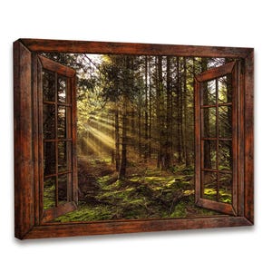 May include: A framed canvas print depicting a forest scene viewed through an open window. The window frame is made of dark brown wood. The forest is filled with tall trees, and sunlight streams through the branches.