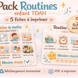 Peut inclure: Pack de routines imprimables pour enfants atteints de TDAH. Comprend des fiches illustrées pour les routines du matin et du jour, avec des tâches comme s'habiller et aller à l'école. Le pack contient 5 fiches.