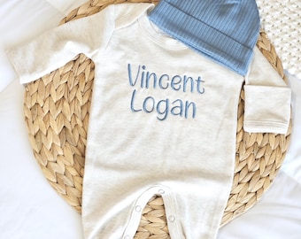 Newborn Baby Outfit with Custom Name Jumpsuit Embroidered Hospital Romper and Hat Welcome New Baby Sleeper