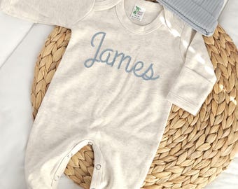 Baby Home Coming Outfit sleeper and Hat Set Personalized Newborn Gift Embroidered Name Gift for Baby Shower Footie Cotton Romper for Baby