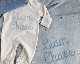 Conjunto de ropa personalizada para bebé: manta de punto de algodón, pijama, gorro, manta con nombre personalizado para recién nacido, conjunto para hospital de bebé, pelele con nombre bordado