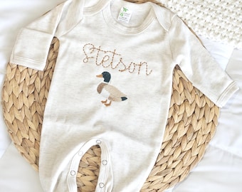 Little Duckling Romper Personalized Duck Outfit for Baby Boy Sleeper Baby Shower Gift Name Duck Hunting Baby Footie Embroidered