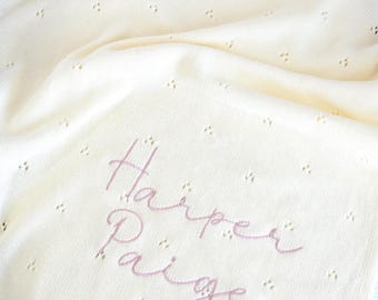 Knit Baby Blanket for Baby Girl personalized cotton Pointelle Swaddle Baby Homecoming Blanket Embroidered Newborn Gift for Girl Baby
