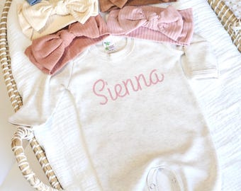 Baby Girl Outfit with Bow Baby Romper Embroidered Name Coming Home Girl Sleeper Newborn Baby Gift Personalized Footie and Headband