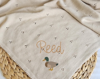 Baby Blanket Mallard Duck Newborn Boy Gift Embroidered Duck and Name Cotton Knit Blanket for Coming Home Mallard Duck Blanket Pointelle