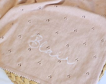 Embroidered Pointelle Baby Blanket For Newborn Going Home Blanket Personalized Baby First Blanket Cotton Knit