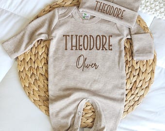 Monogrammed Hospital Outfit Romper and Hat Embroidered Name Baby Gift Custom Footie for Going Home Baby First Outfit