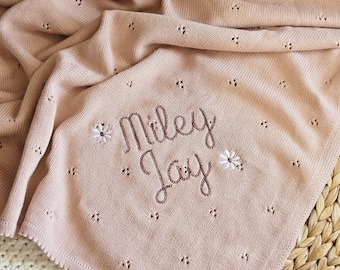 Custom Knit Blanket for Baby Girl Pointelle Blanket with Name and Flowers Embroidered Cotton Swaddle for Newborn Personalized Name Baby Gift