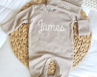 Embroidered Baby Outfit Romper and Hat Embroidered Set for Newborn Coming Home Brown Footie with Name Baby Boy Jumpsuit Personalized