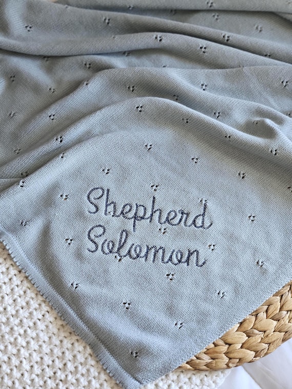 Cotton Blanket for Baby Boy Personalized Knit Swaddle Embroidered Newborn Gift Homecoming Custom Name Pointelle Blanket Lightweight