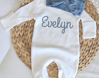 Outfit For Baby Girl Embroidered Baby Set Romper and Headband Bow With Name Baby First Sleeper Personalized Baby Girl Gift