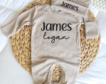Boy Sleeper with Embroidered Name Footie and Hat Monogrammed Hospital Romper Baby Boy Gift Custom Name Outfit Welcome Newborn Clothes