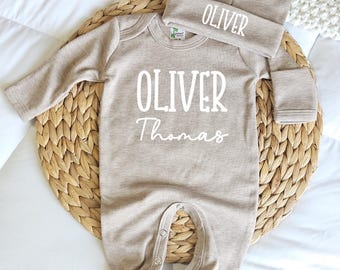 Newborn Outfit for Baby Boy Coming Home Matching Hat and Sleeper with Embroidered Name Baby Gift Brown Footie Soft Newborn Sleeper